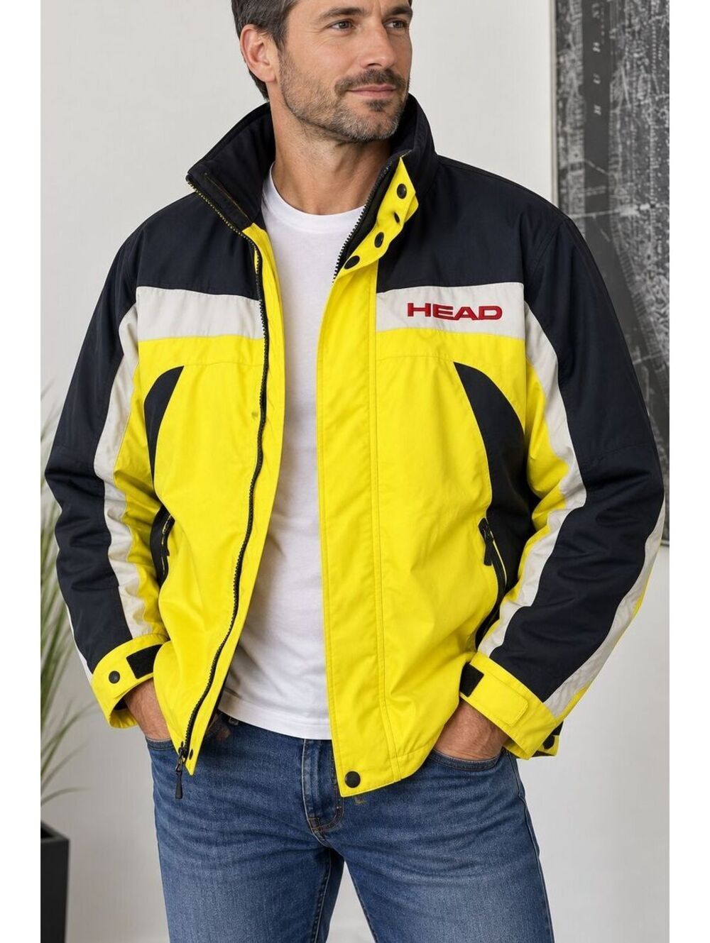 Vintage HEAD Ski Jacket Mens M Yellow Black Colorblock Retro 90s Snowboard